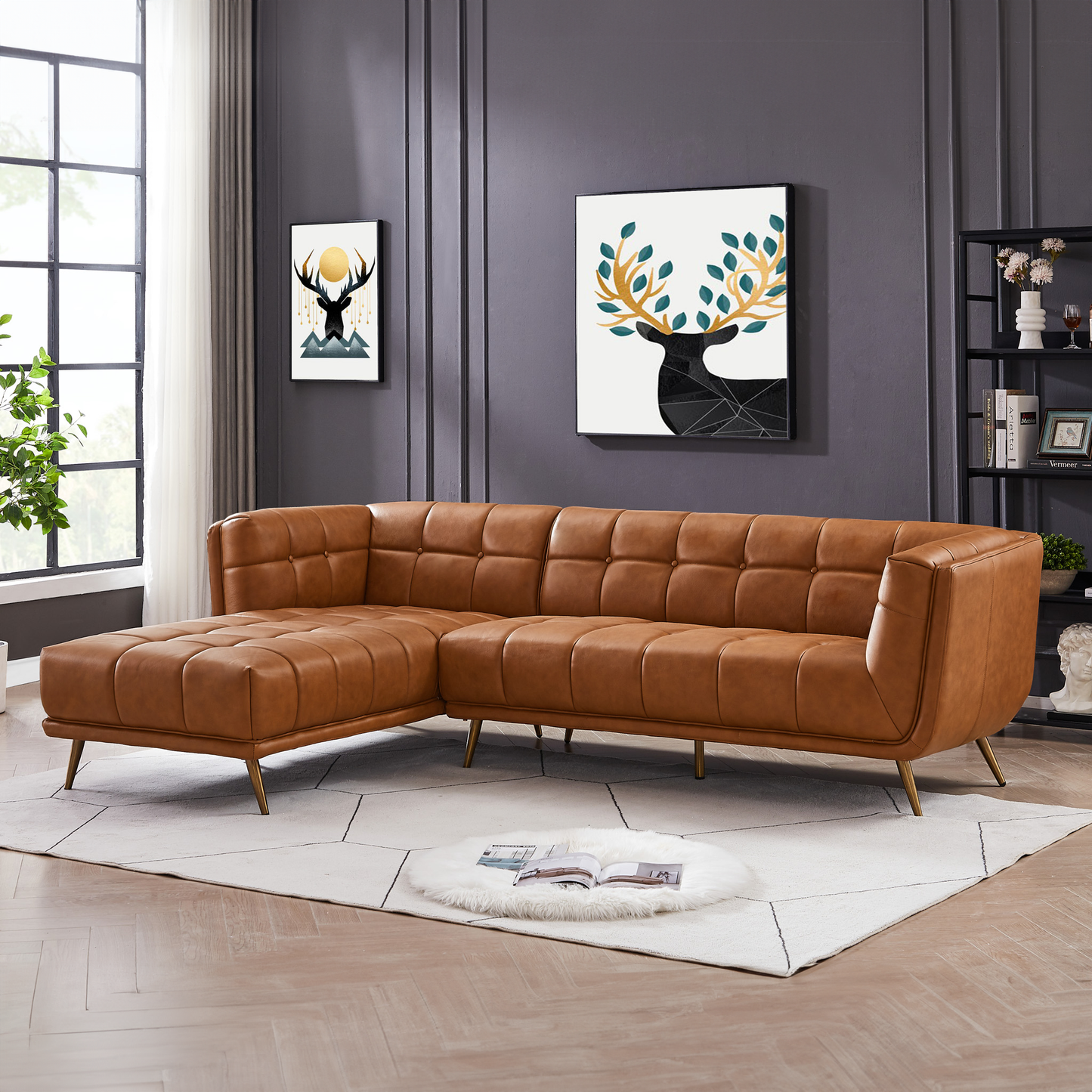 Addison Left Sectional Cognac Leather Sofa