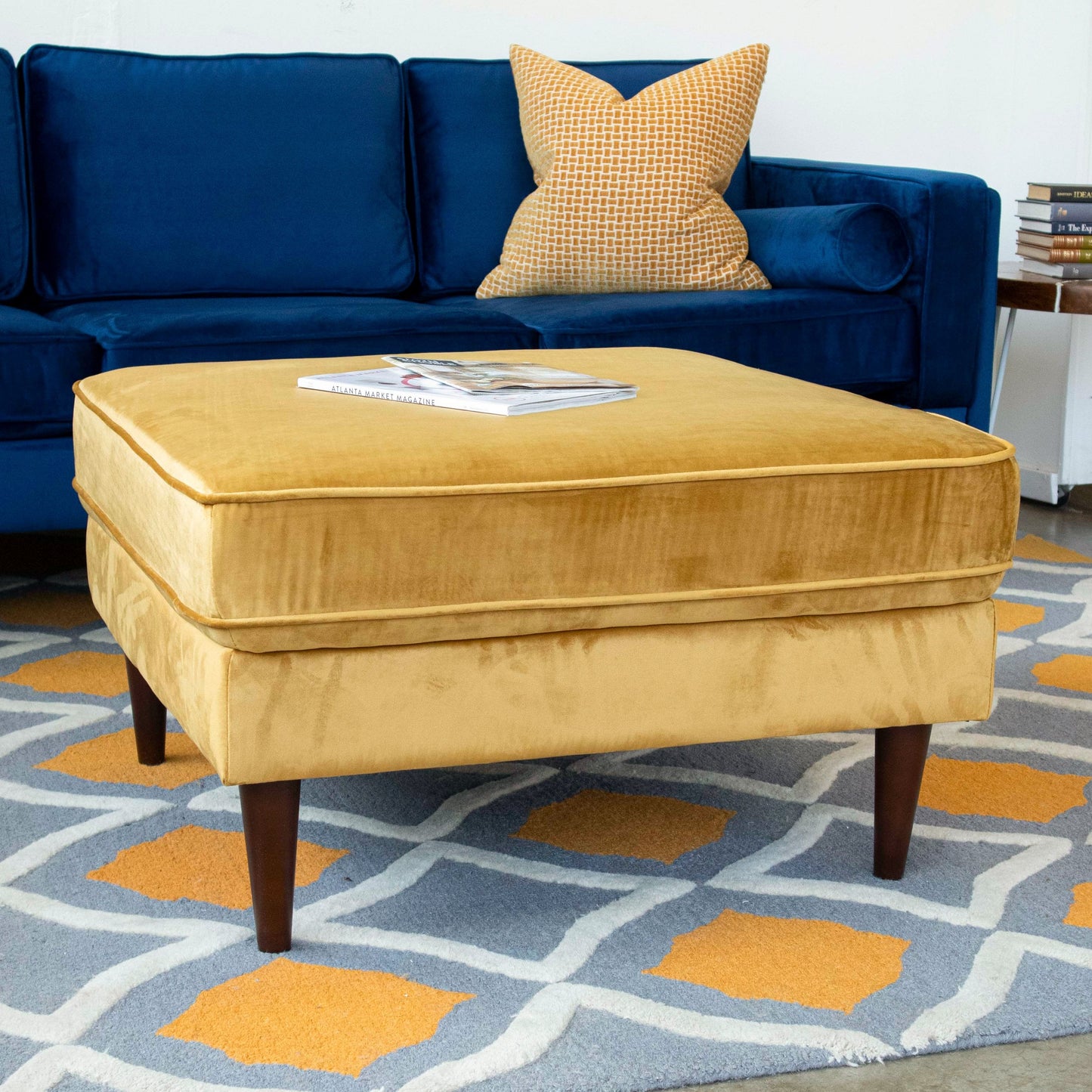 Amber  Square Upholstered Ottoman (Yellow Velvet)