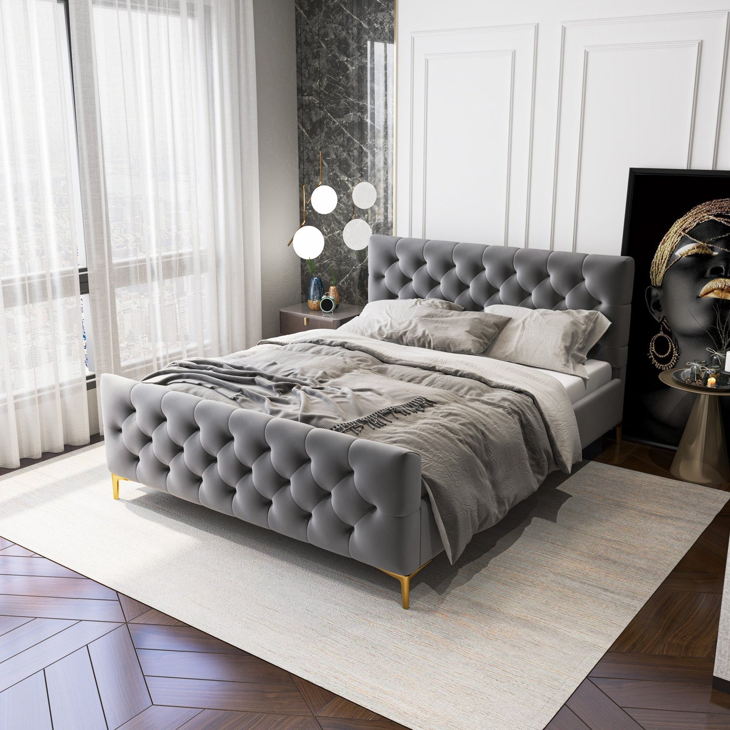 Bailey Dark Grey Velvet Queen Bed