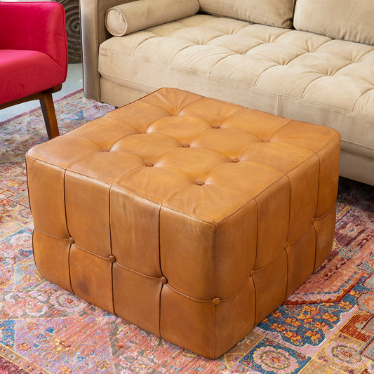 Benjiro Square Tan Leather Ottoman