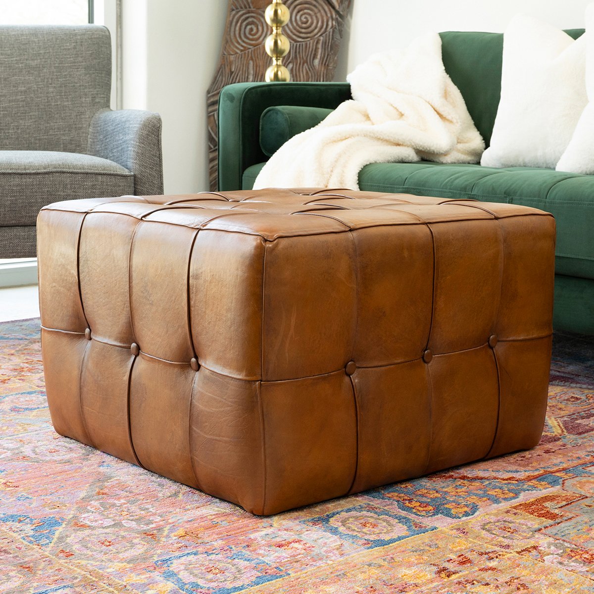 Benjiro Square Tan Leather Ottoman