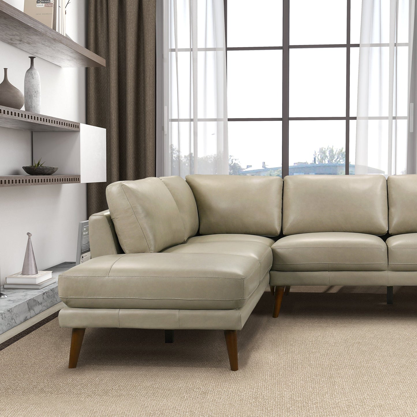 Benson Beige Leather Sectional Sofa Left Facing Chaise