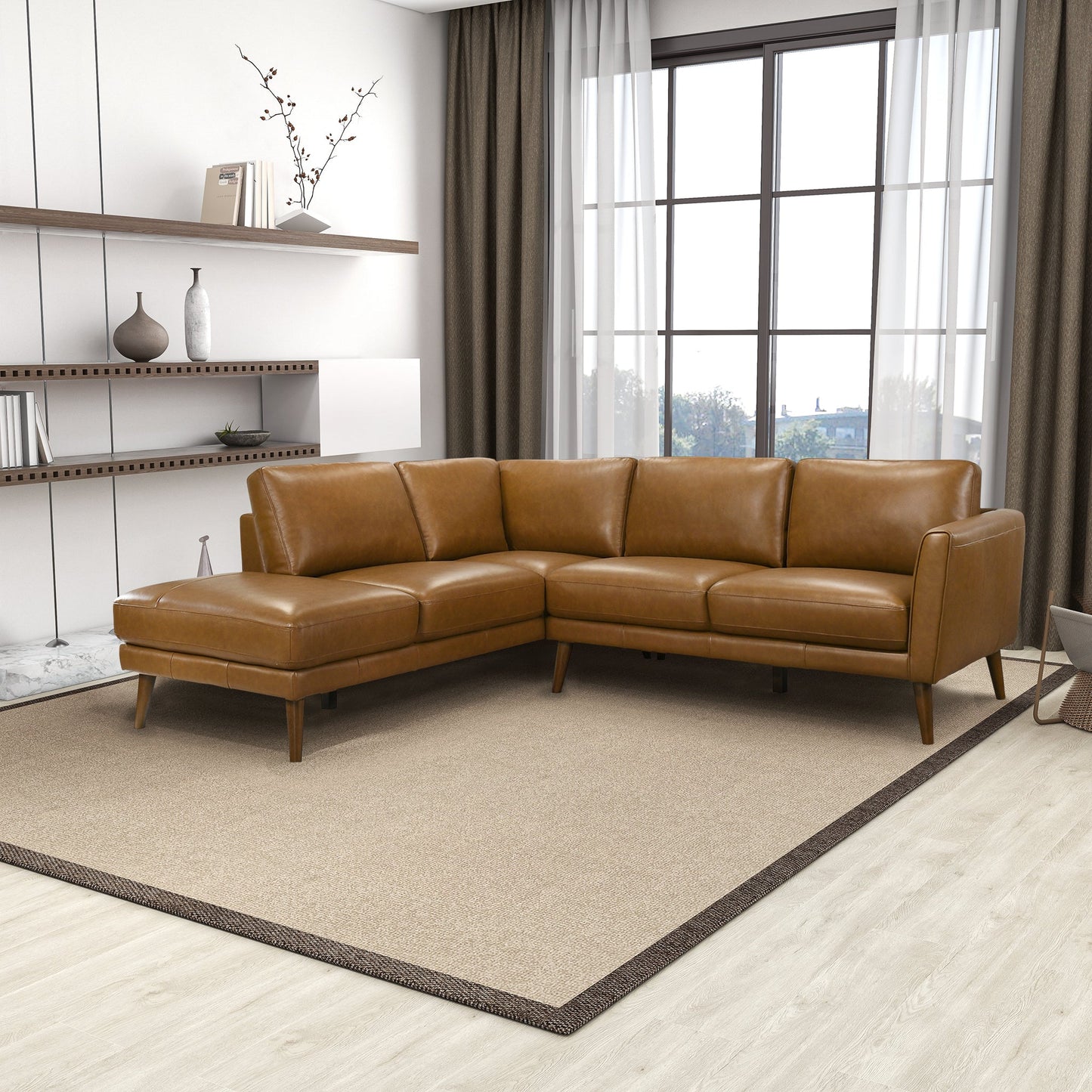 Benson Tan Leather Sectional Sofa Left Facing Chaise