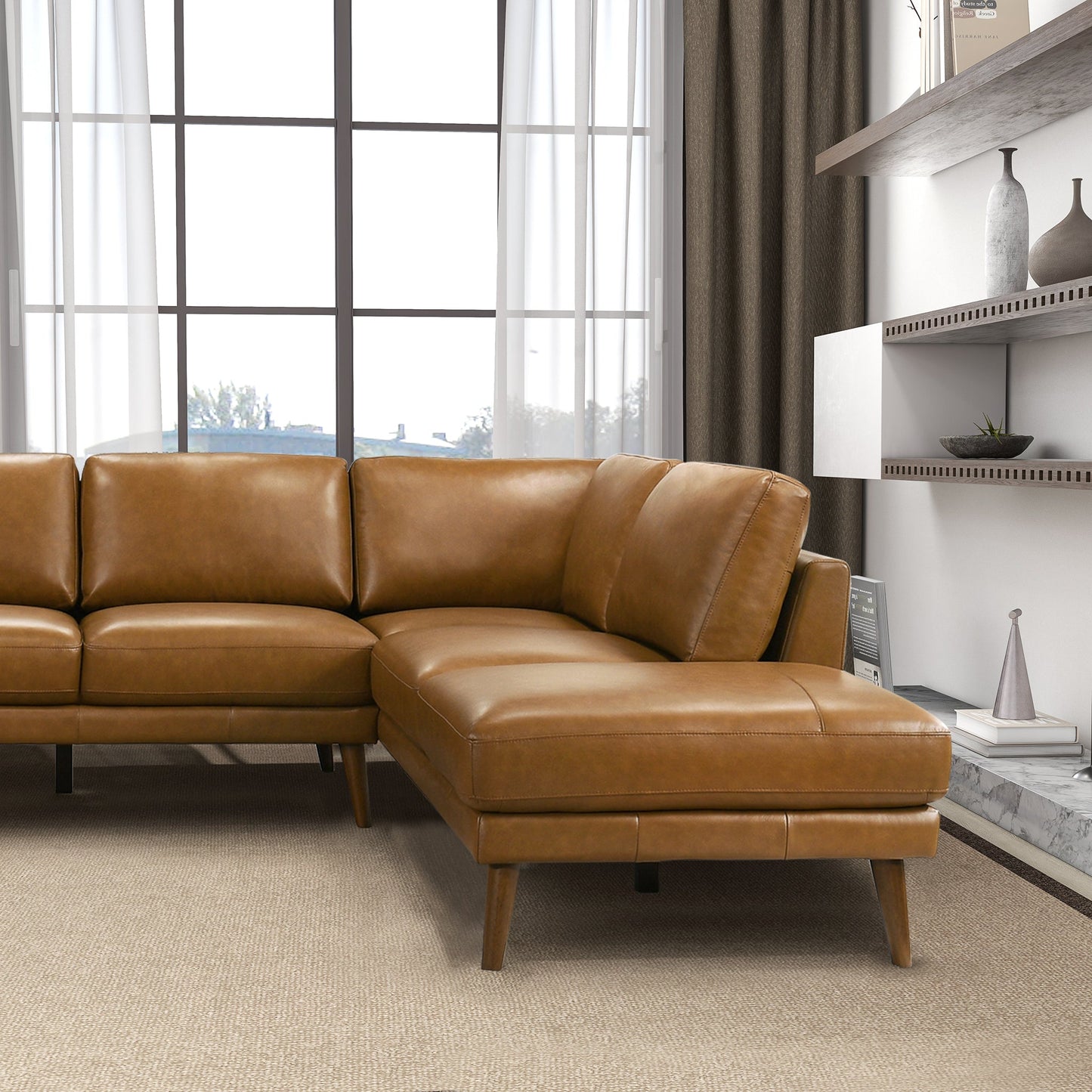 Benson Tan Leather Sectional Sofa Right Facing Chaise