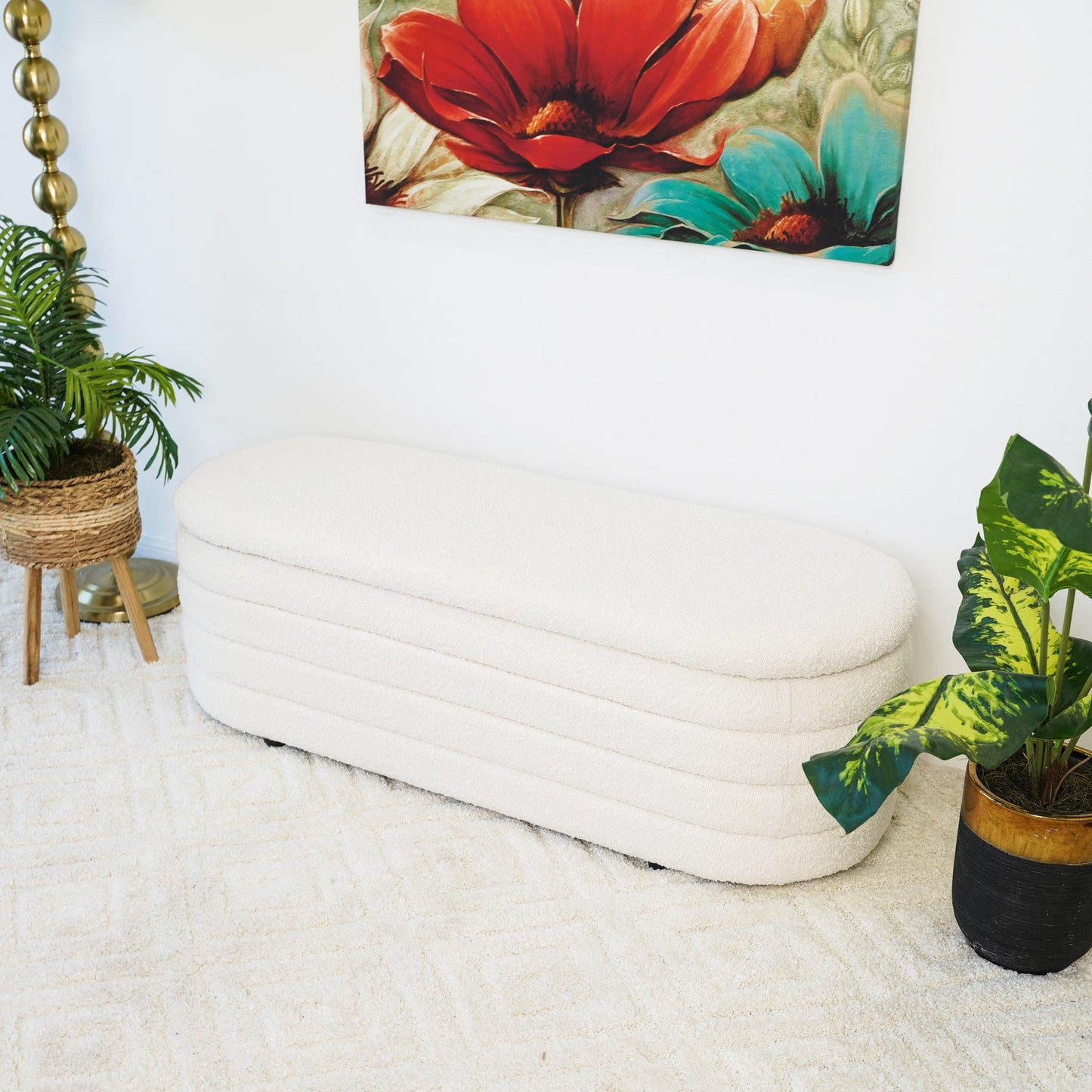 Cabana White Boucle Bench w/Storage