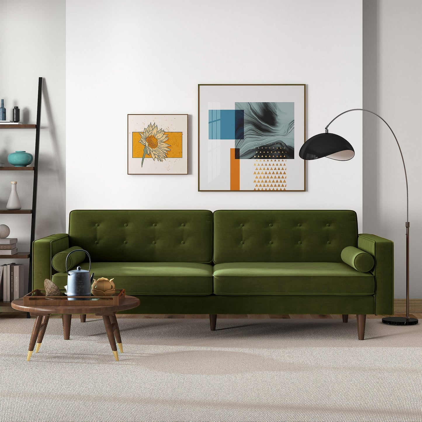 Casey Mid Century Modern Olive Green Velvet Sofa