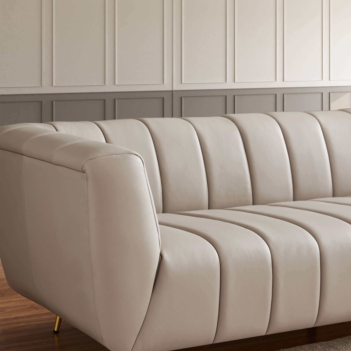 LaMattina Genuine Italian Grey Leather Channel Tufted Sofa
