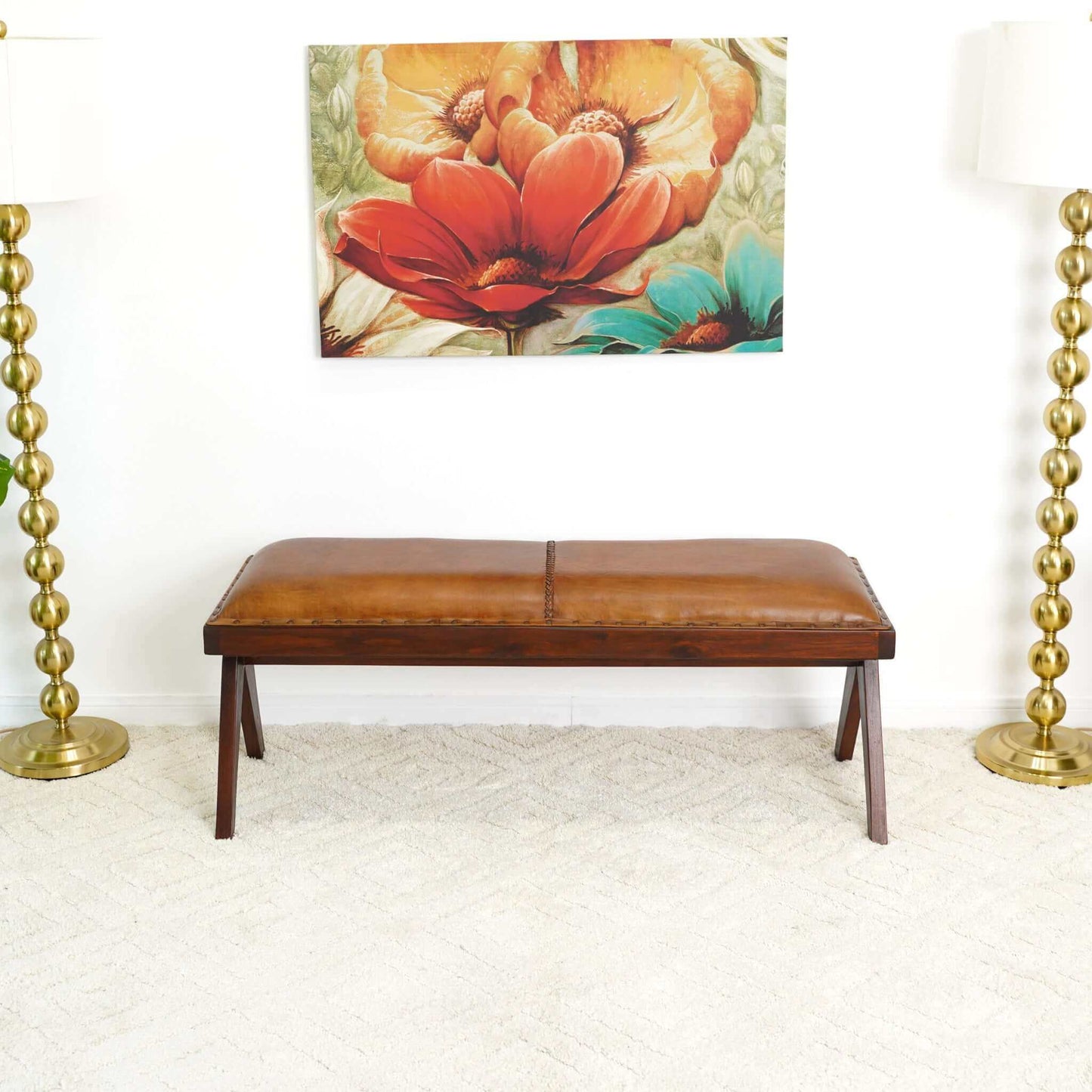 Chad Mid Century Modern Tan Leather Bench