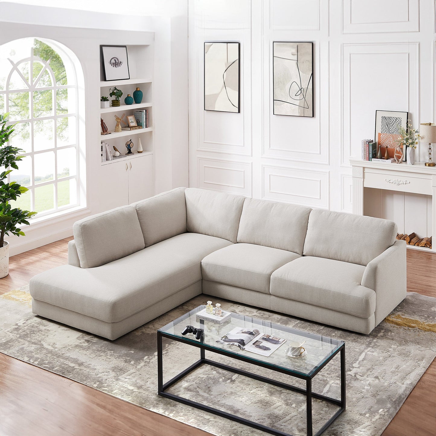 Glander Cream Linen Sectional Sofa Left Facing