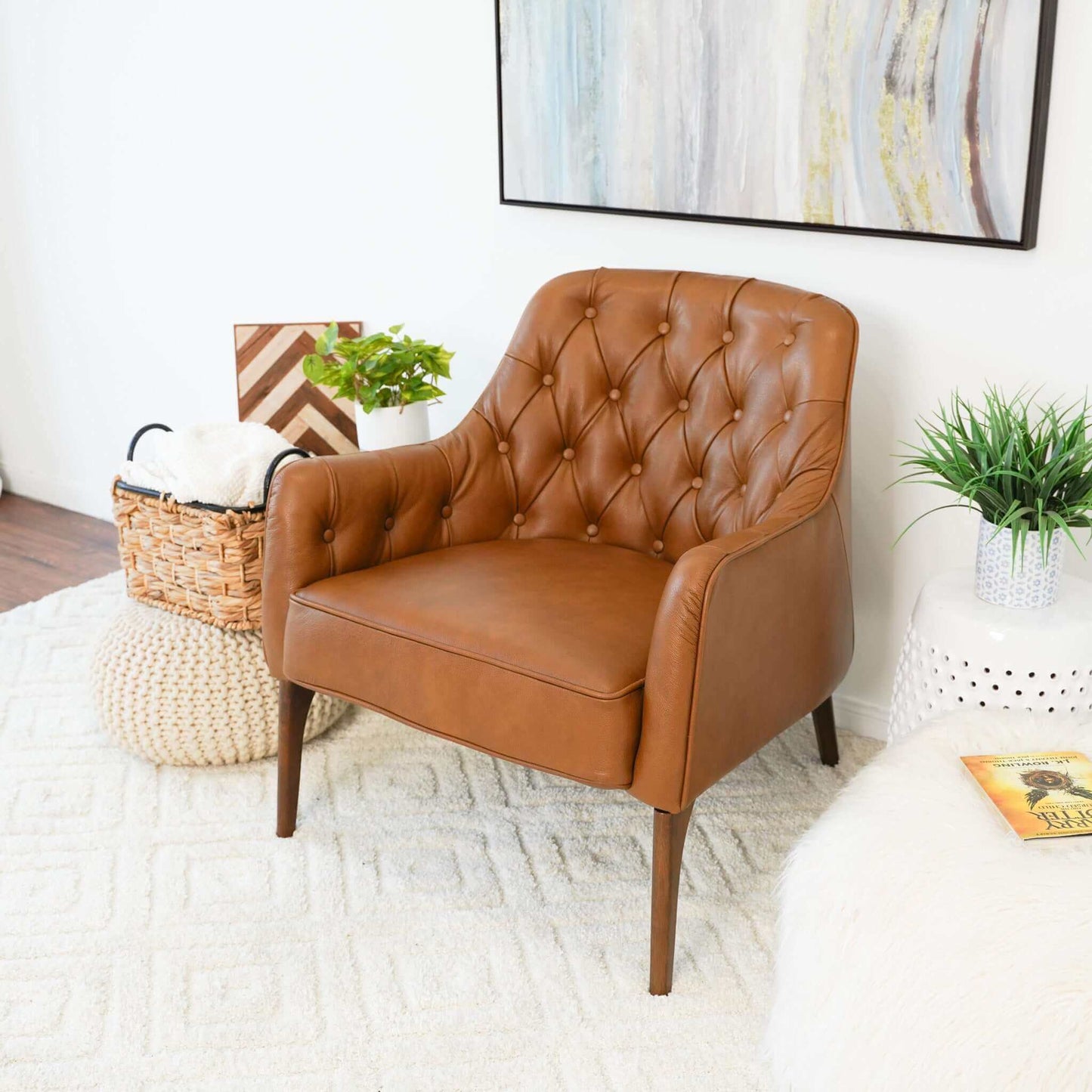 Joshua Mid-Century Modern Tufted Tan Leather Lounge Chair