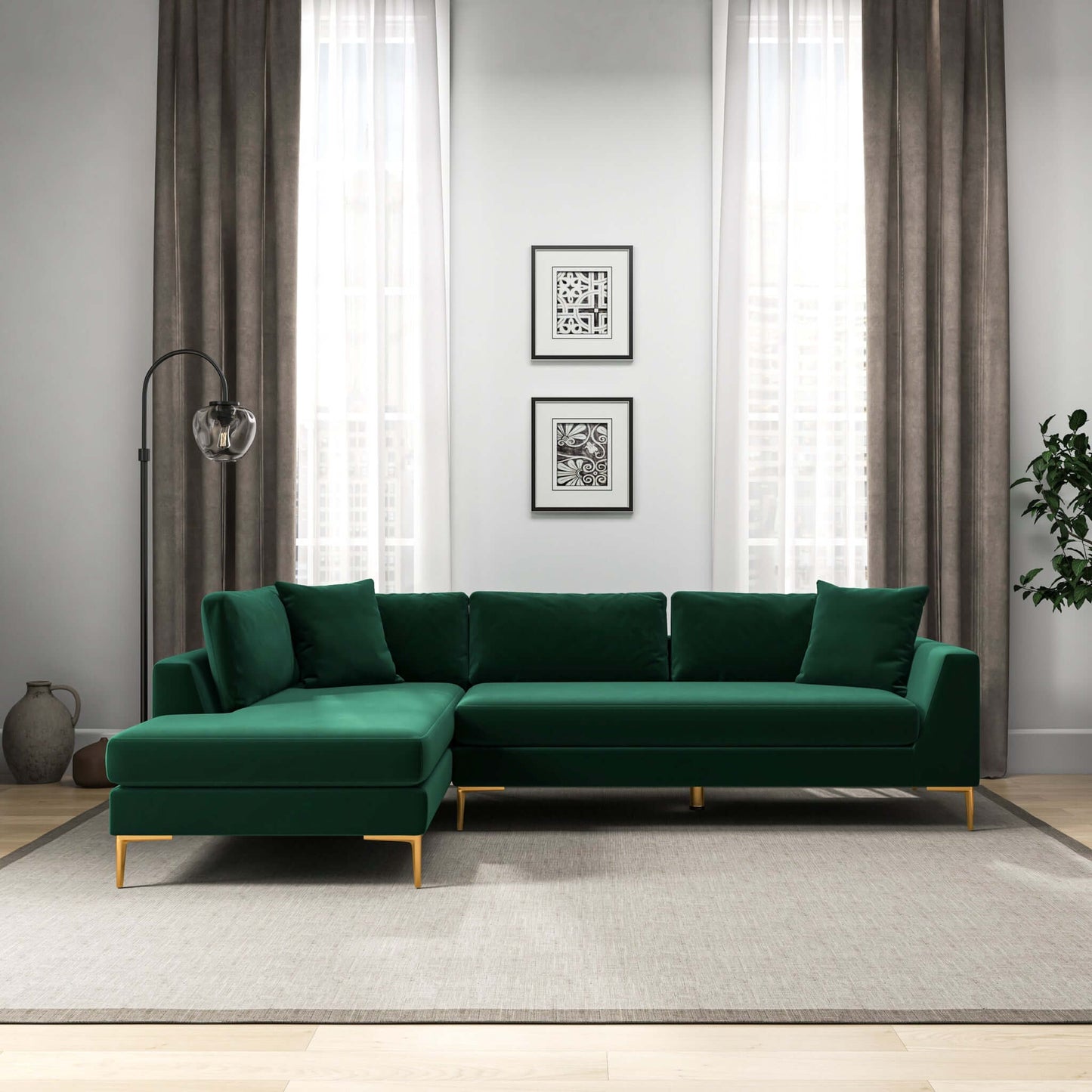 Mano  L-Shaped Velvet Sectional Sofa In Green Left Facing