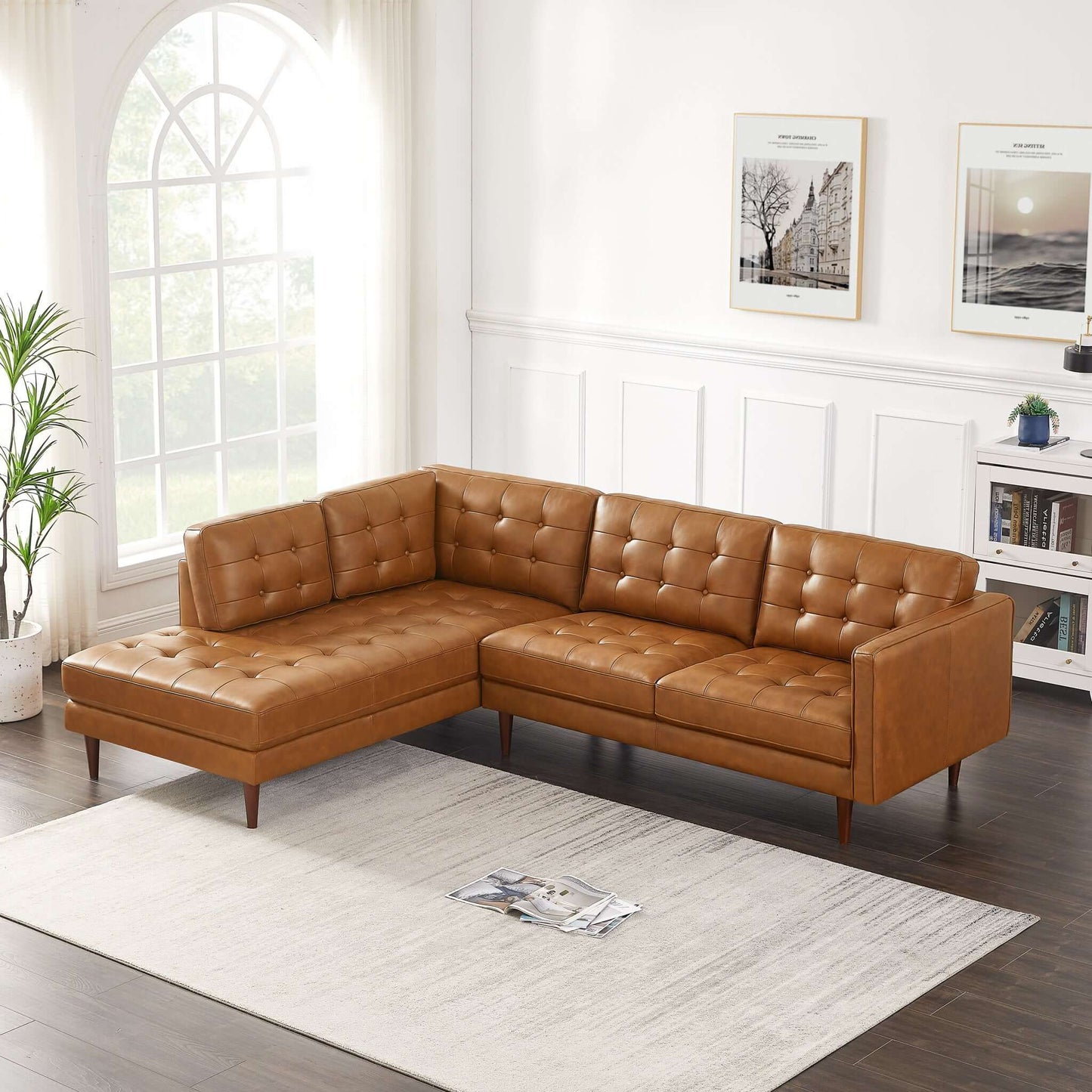 Lucco  Genuine Leather Sectional In Cognac Tan Left Facing