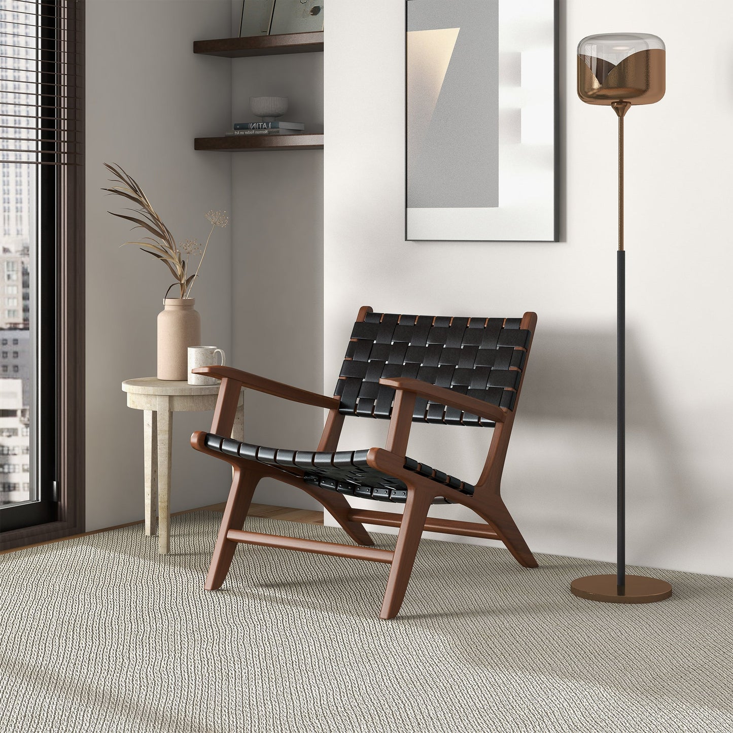 Melody Black Strap Leather Teak Wood Lounge Chair