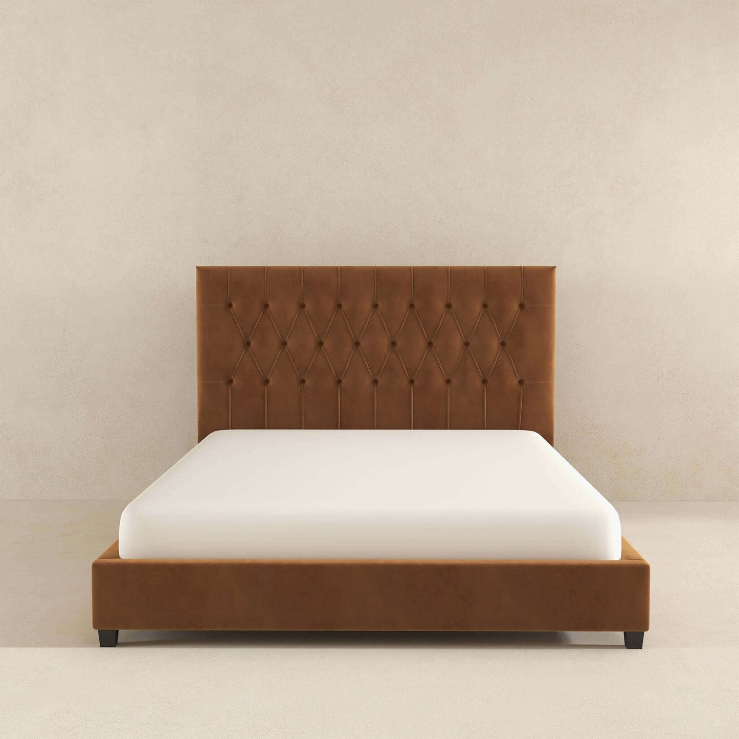 Donald Mid Century Modern Cognac Velvet Platform Bed Queen