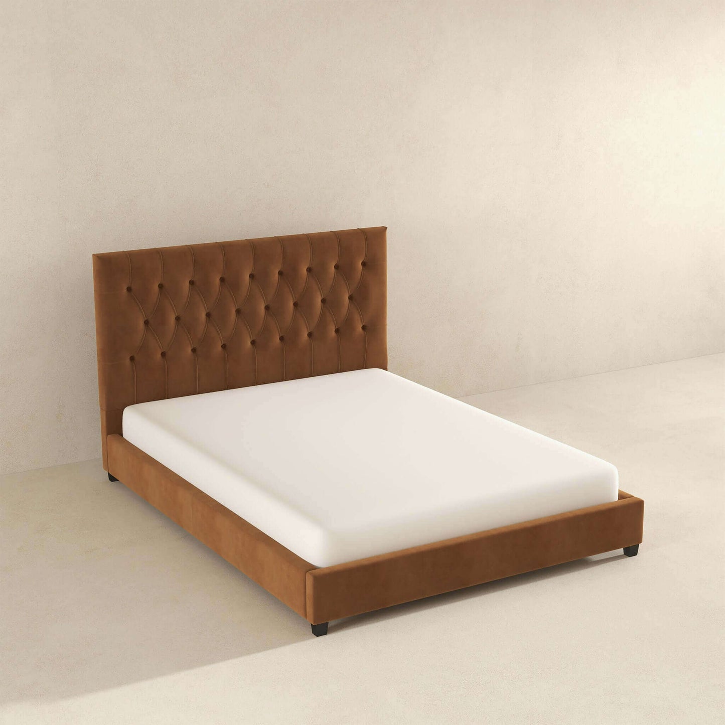 Donald Mid Century Modern Cognac Velvet Platform Bed Queen