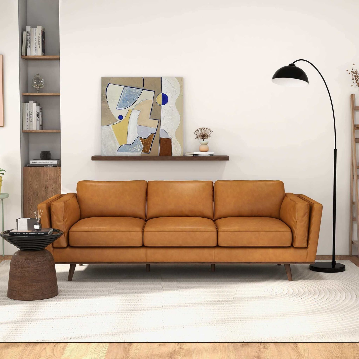 Chase Mid Century Modern Tan Genuine Leather Sofa