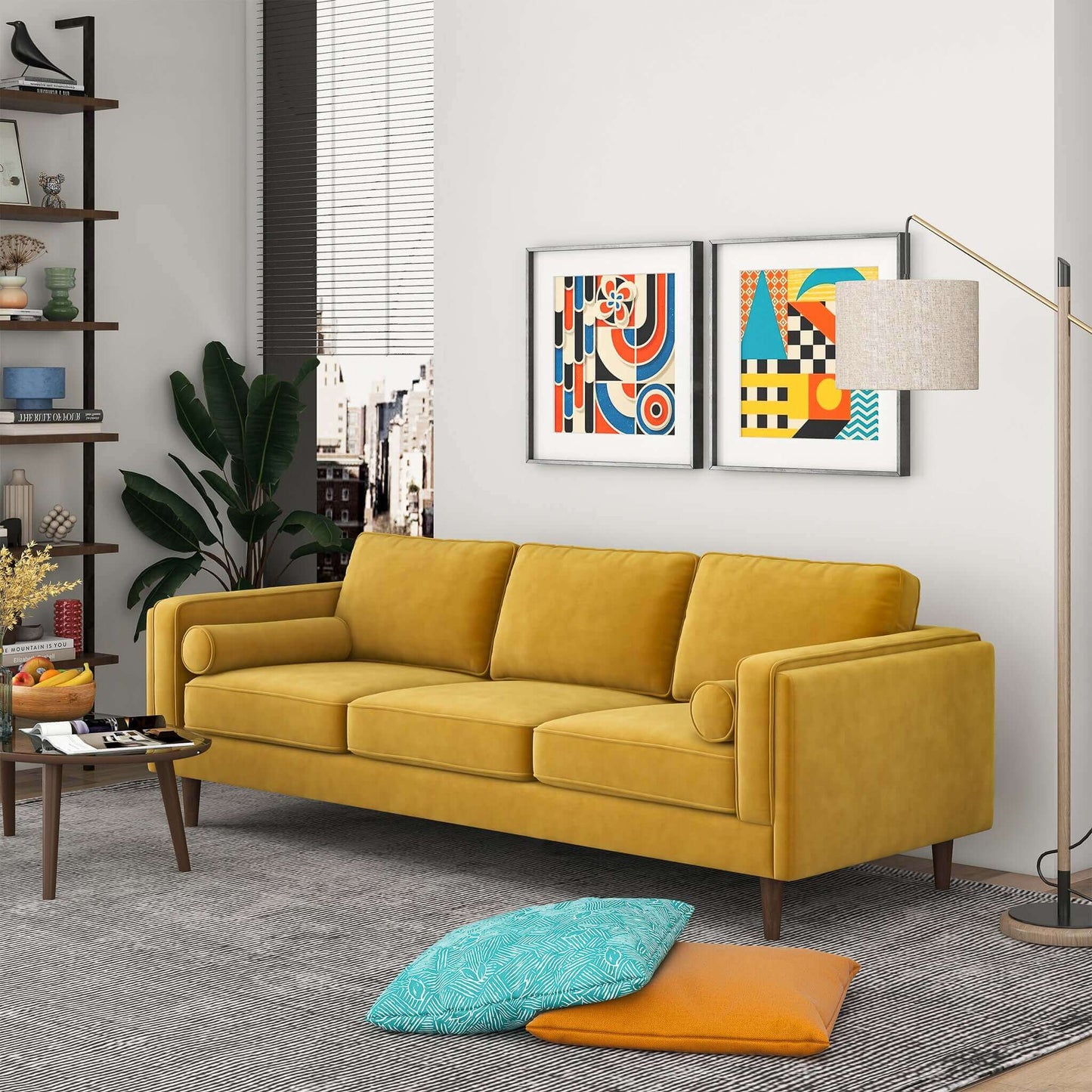 Amber Mid Century Modern Yellow Luxury Modern Velvet Sofa