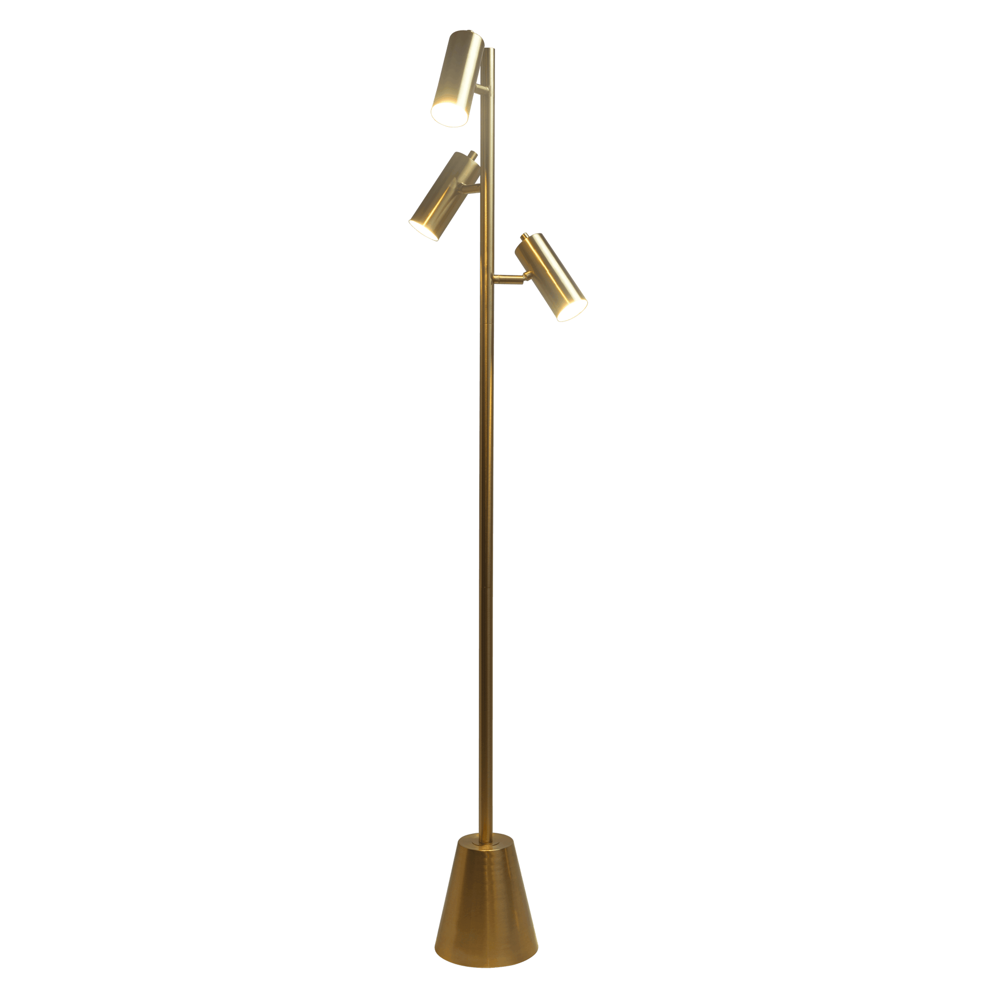 Lumina Brassed Gold Floor Lamp with Rotary Switch Triple Spots Metal Cone Base - West Lamp