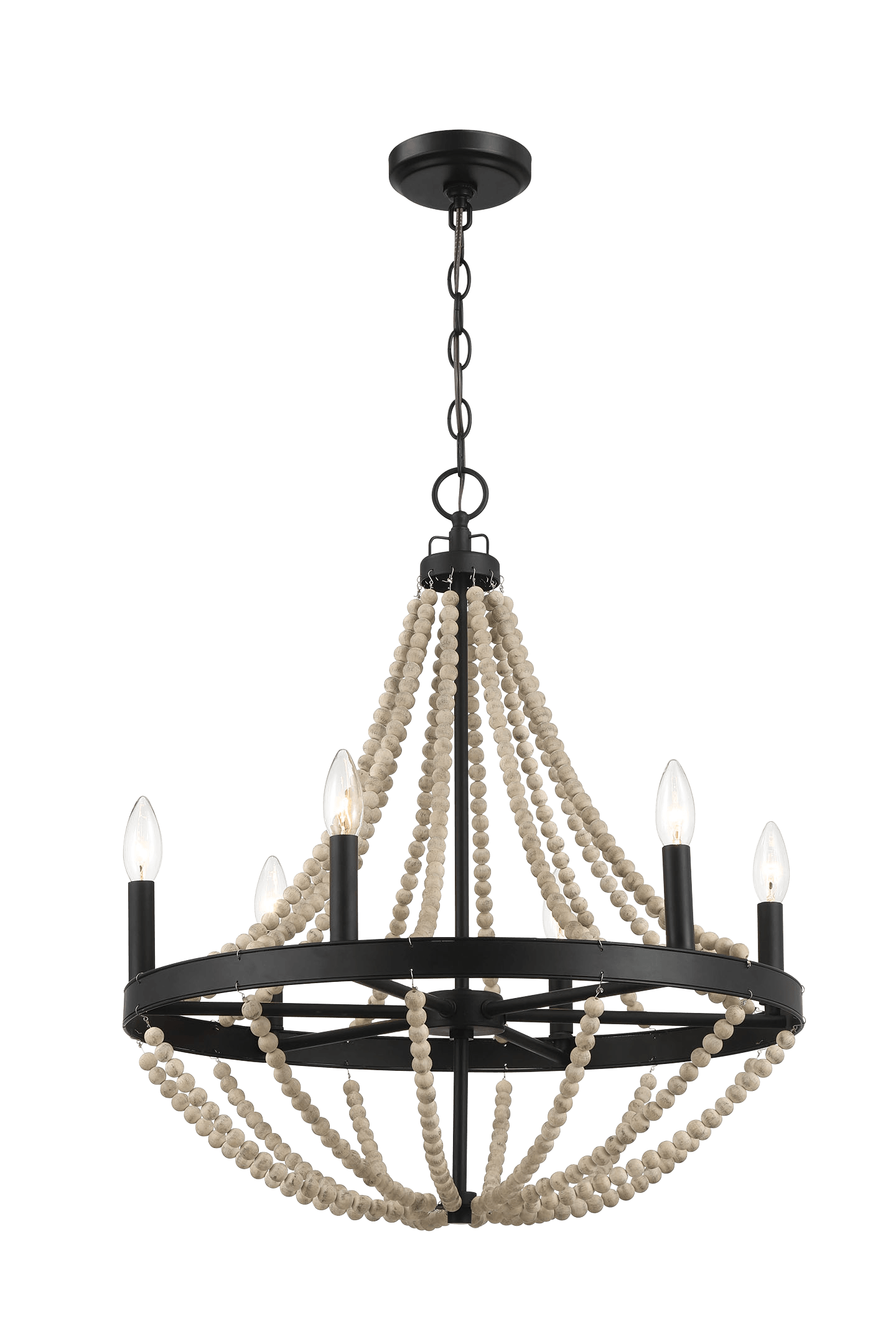 Starry Wood Chandelier Farmhouse Six Candle Light Wood Beaded Black Pendant Light for Dining Room - West Lamp