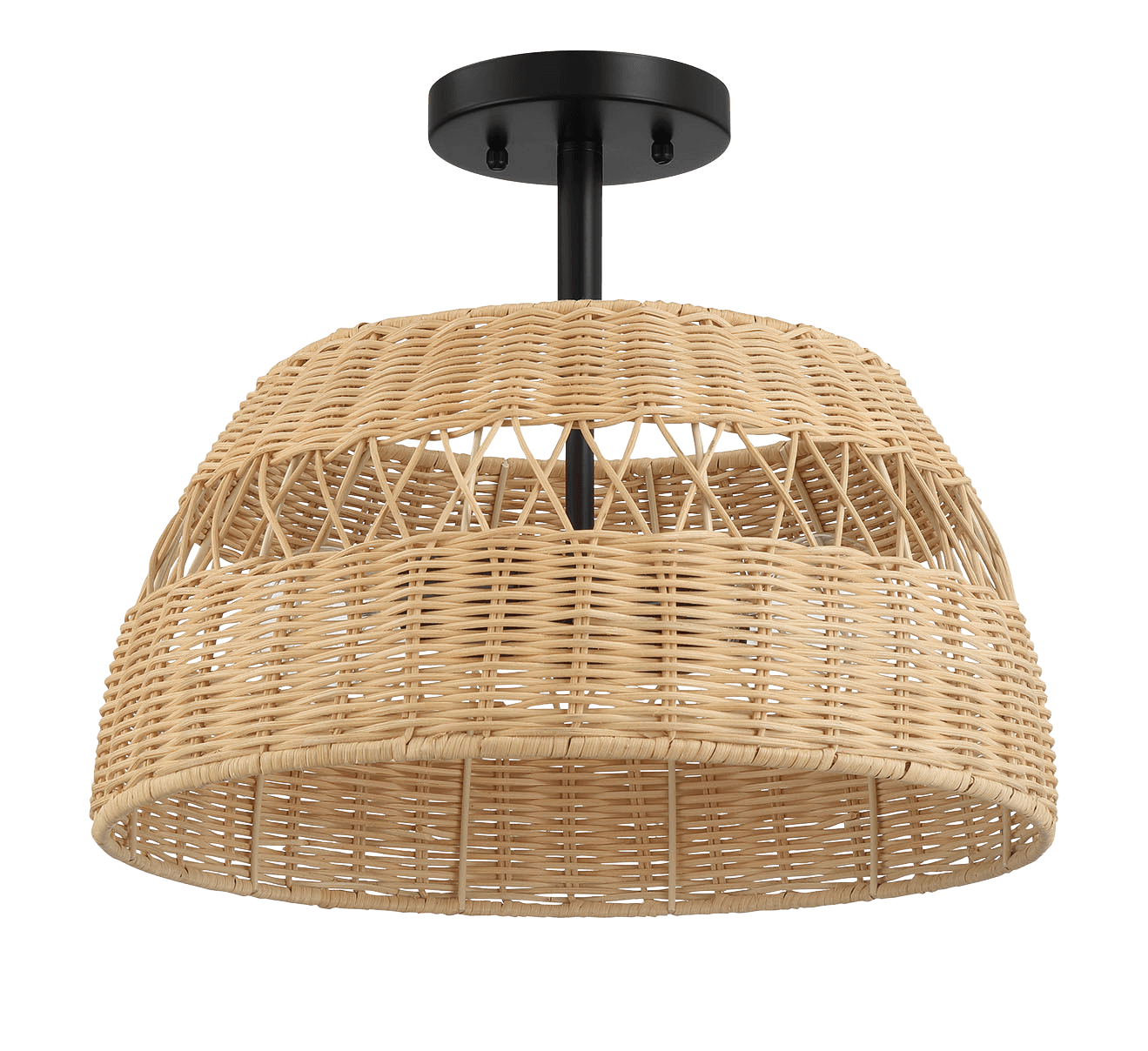 Twinkle Double Lights Semi Flush With Rattan Shade Black Metal Finish for Farmhouse Style - West Lamp