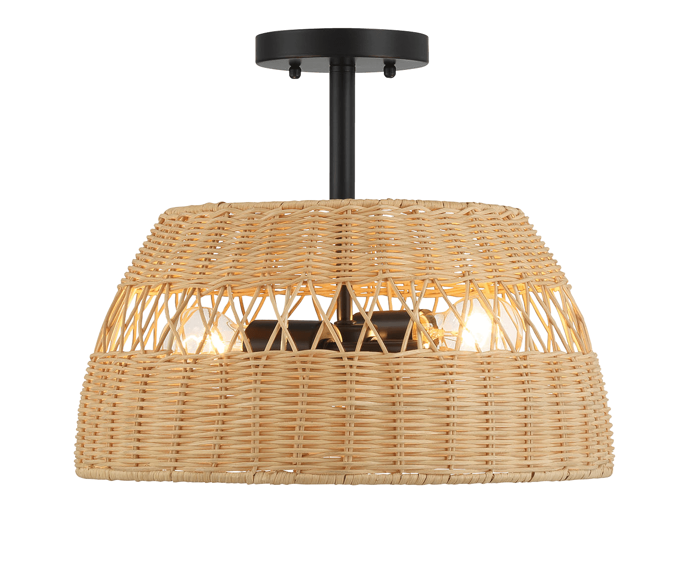 Twinkle Double Lights Semi Flush With Rattan Shade Black Metal Finish for Farmhouse Style - West Lamp