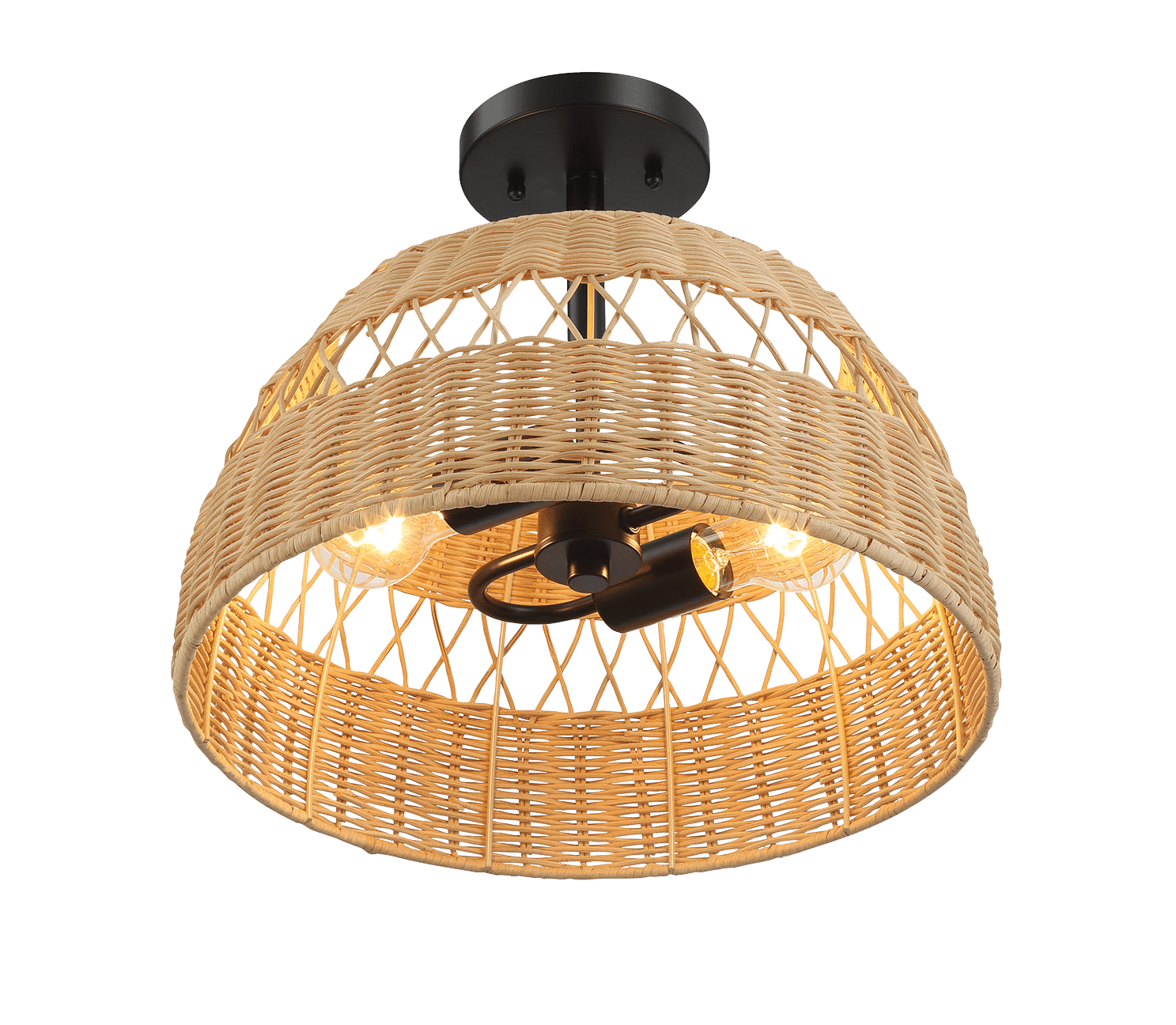 Twinkle Double Lights Semi Flush With Rattan Shade Black Metal Finish for Farmhouse Style - West Lamp